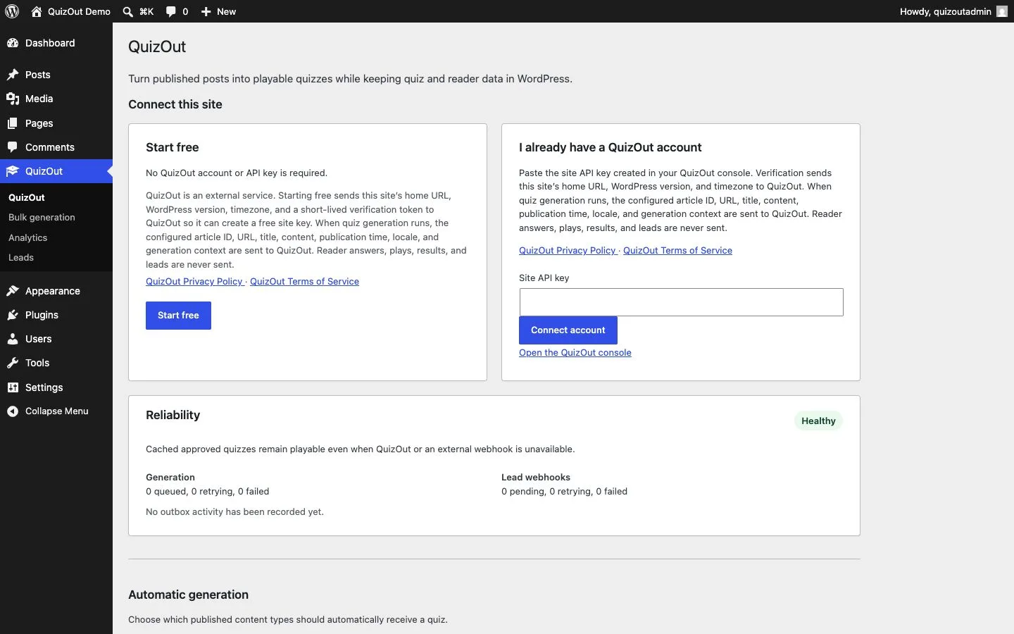 QuizOut connection screen showing Start free and an existing-account site API key field.