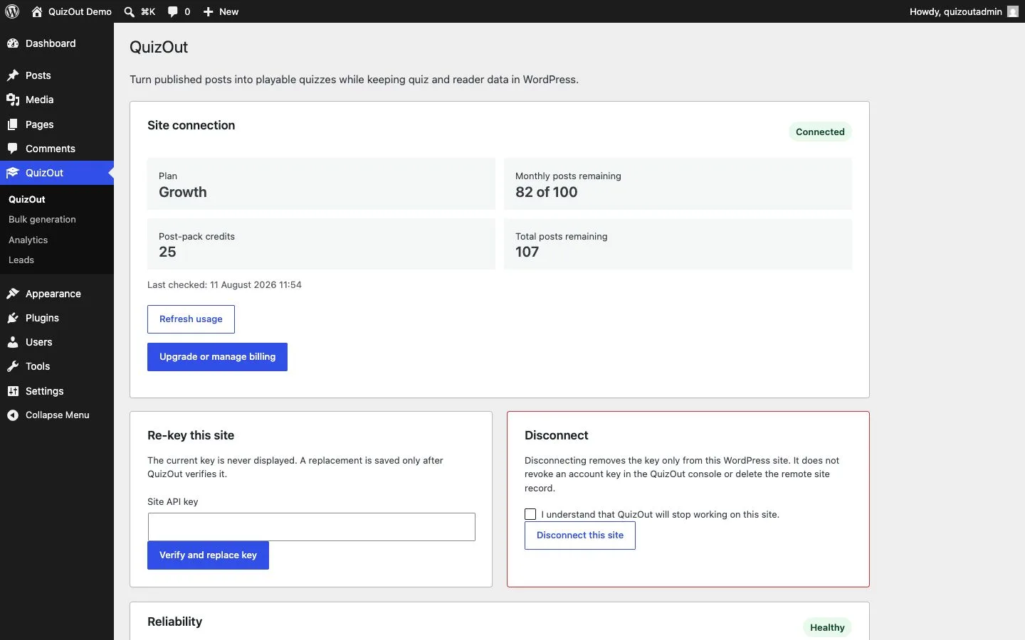 QuizOut connected status showing a Growth plan, monthly allowance, post-pack credits, and total remaining quota.