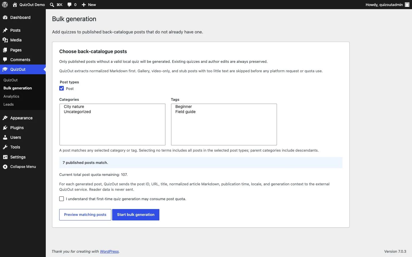 QuizOut bulk generation screen with post type, category, tag, matching-post, and quota controls.