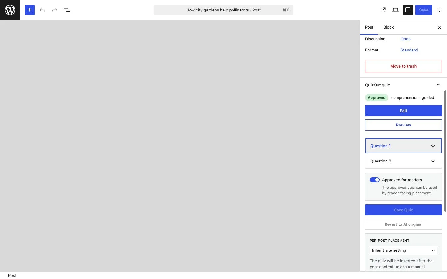 QuizOut panel in the Gutenberg post editor showing Edit, Preview, approval, and per-post placement controls.