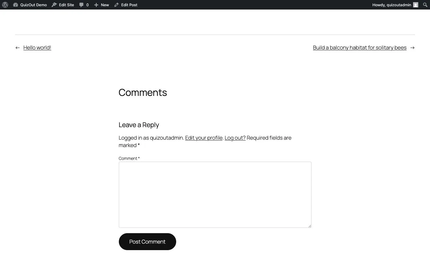 Published WordPress post showing the first single-select question in a QuizOut knowledge check.