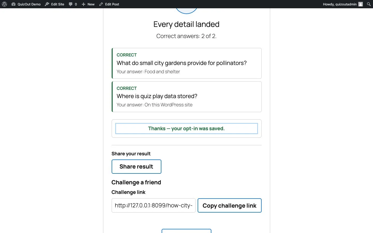 QuizOut result showing two correct answers, a saved lead opt-in, result sharing, and challenge-link controls.